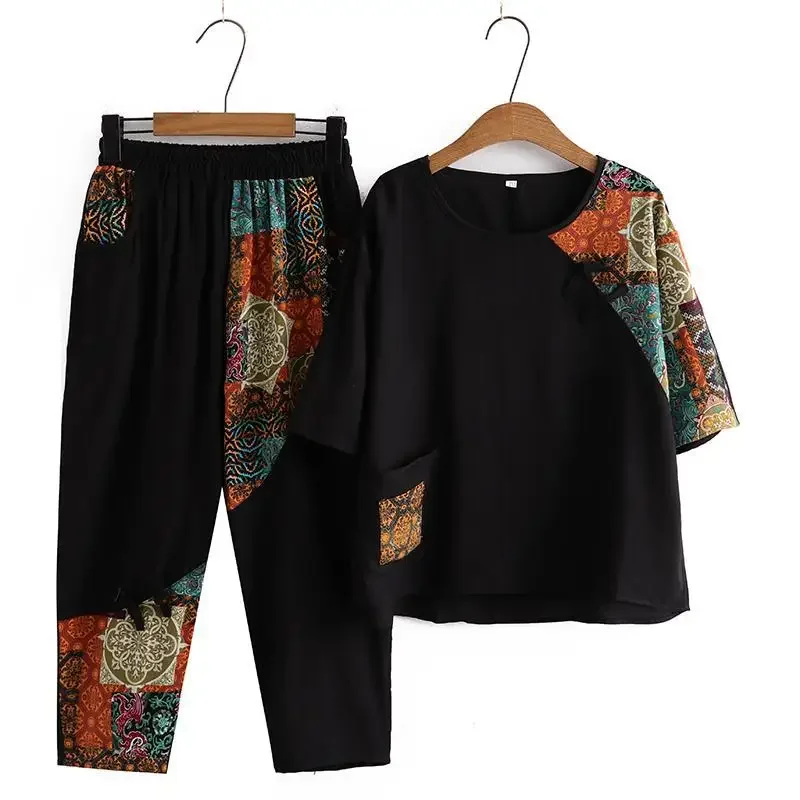 Stylish Large-size Loose-fit Summer Suit For Middle-aged Elderly Women Fashionable Age-reducing Vintage Casual 2-piece Set