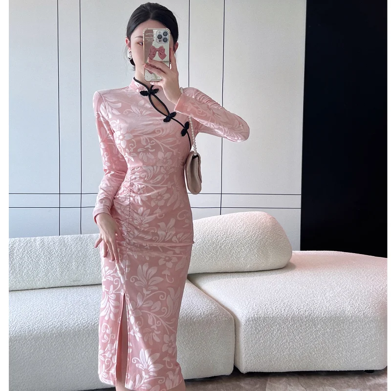 

Ladies Elegant Pink Velvet Dress Fashion Long Sleeves Spring Autumn Dresses Elegant Dark Grain High Waist Retro Party Dress