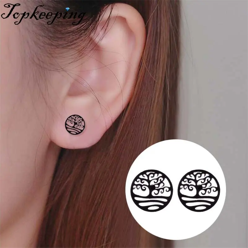

Round Tree of Life Stainless Steel Earrings For Women Fashion Hollow Ear Piercing Jewelry Wedding Studs Pendientes 1Pair