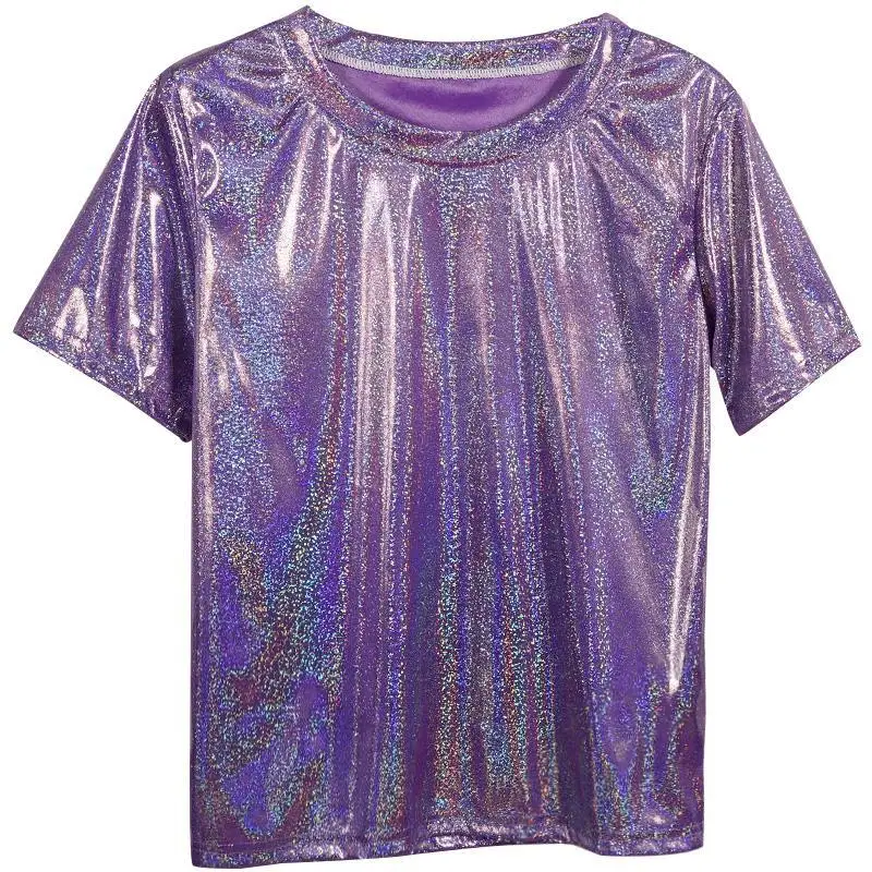 6Colors S-6XL Fashion Shirts For Women Sparkly Shiny Reflective Metallic Loose tshirt Fashion O-Neck Short Sleeves Tops Tee images - 6