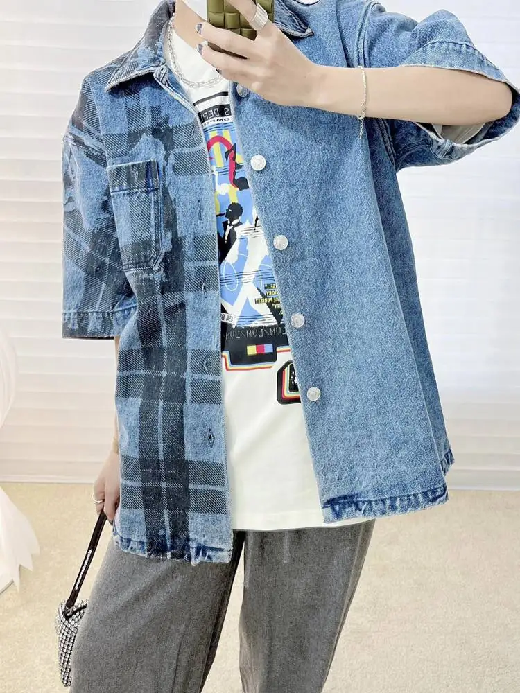 

2023 Spring and Summer New Women Shirt Blue Denim Short-sleeved Shirt