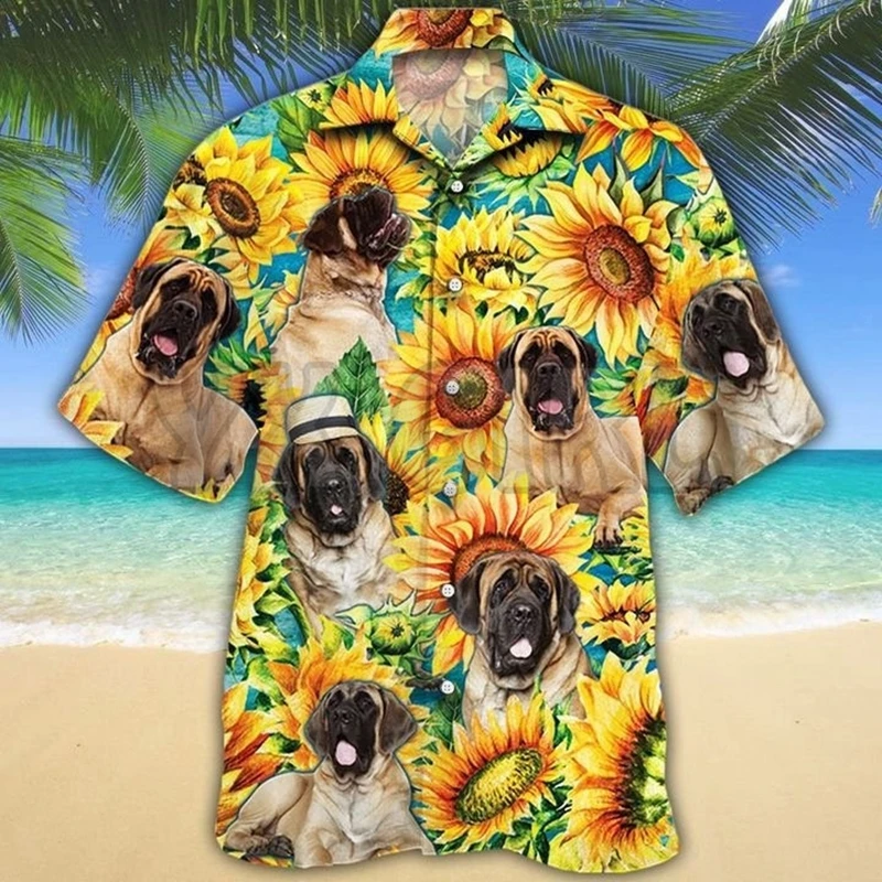 English Mastiff Sunflower Watercolor 3D All Over Printed Hawaiian Shirt Men's For Women's Harajuku Casual Shirt Unisex