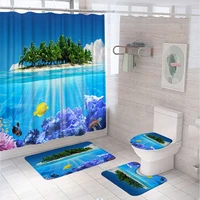 blue ocean island tropical fish shower curtain set sea palm tree scenery bathroom screen anti slip bath mat toilet lid cover rug