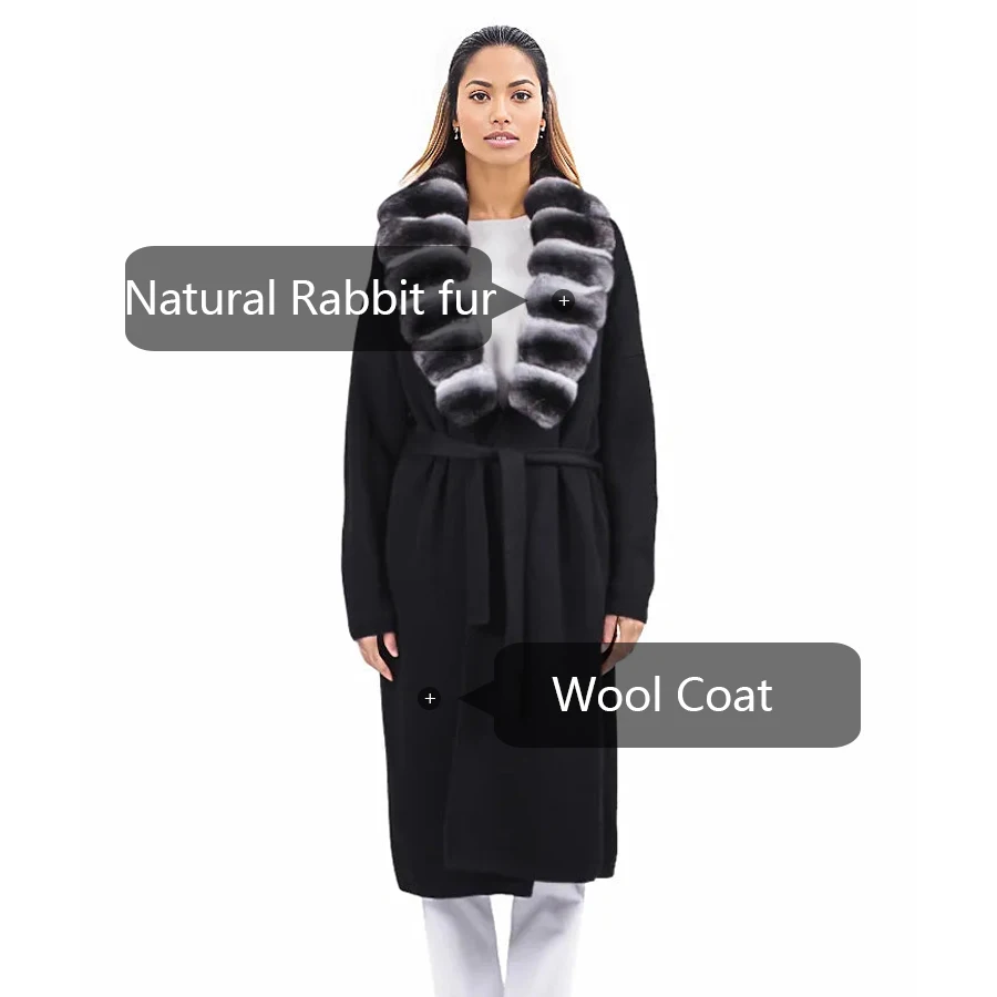 Пальто из натуральной шерсти с воротником лацканами меха кролика рекс черное