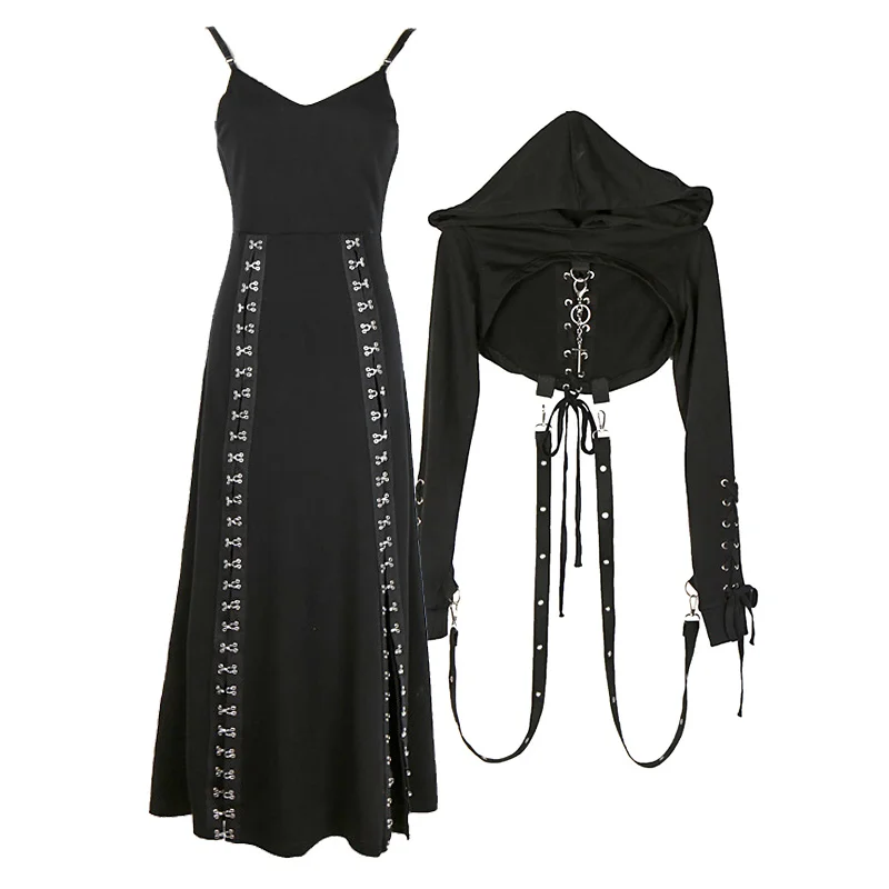 

Halloween Dark Punk Suspender Dress Women Gothic Crop Top Hoodies Long Witch Cosplay Costumes Off Shoulder Slit Long Dress