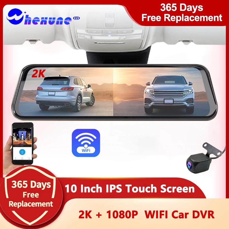 

WHEXUNE 10-дюймовый 2K WIFI Автомобильный видеорегистратор 1440P, видеорегистратор с двумя объективами, видеорегистратор с IPS-экраном, видеорегистратор с потоковым зеркалом заднего вида