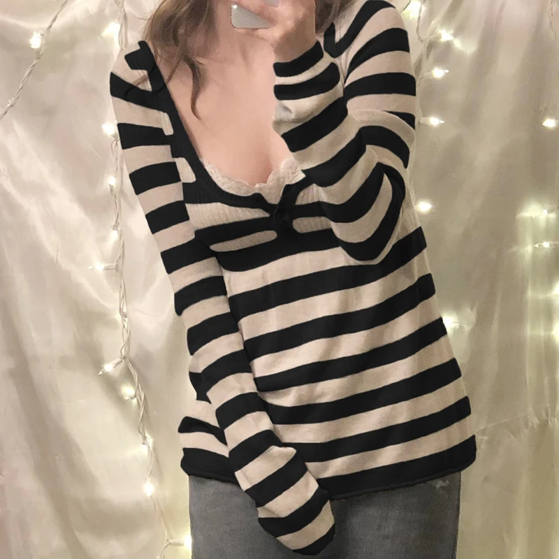 

Vintage Striped Print Y2K Pullovers Buttons Harajuku Aesthetic 2000s Kawaii Sweaters Leisure Fashion A-line Clothing