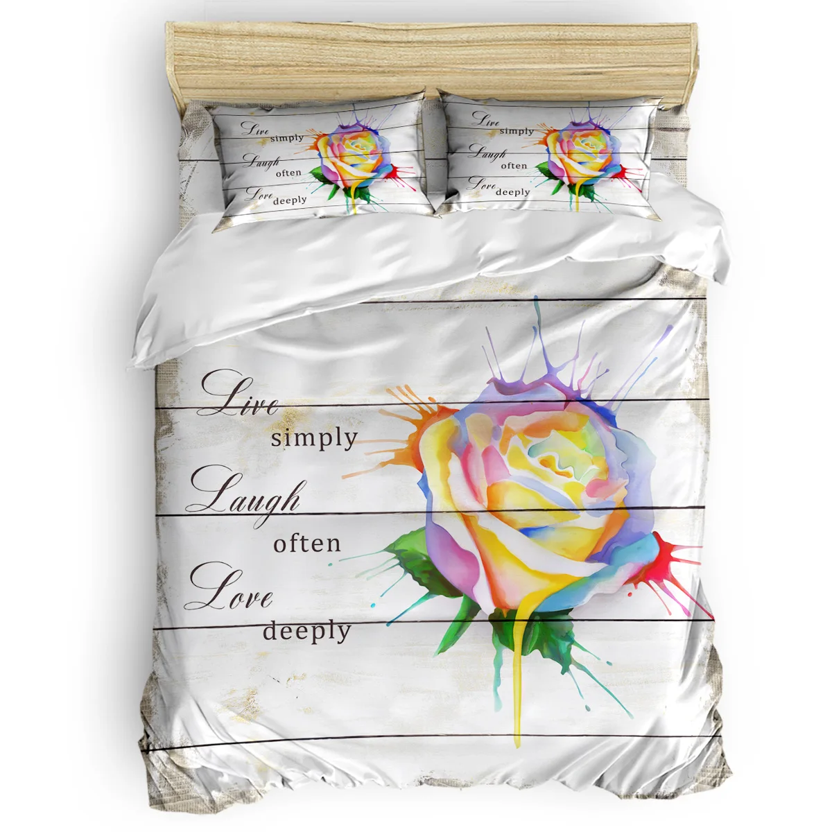 

Rose Watercolor Inkjet Healing Text Wood Texture Comfortable Household Goods Bedroom Bed Luxury Duvet Cover 2/3/4 Pieces