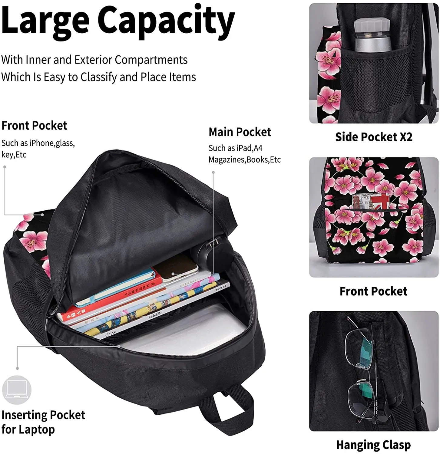 Cherry Blossoms On Black Backpack Set 3-Piece Teen Boys Girls Backpack Messenger Lunch Bag Pencil Case Set