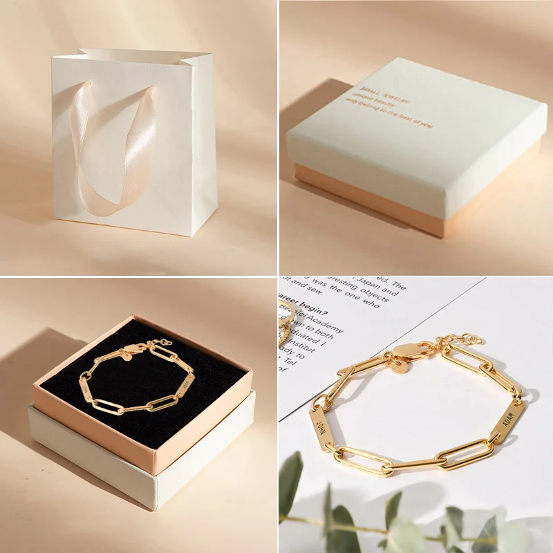 Custom Engraved Name Bracelets Box Set Luxury Gold Stainless Steel Jewelry for Women Personalized Paperclip Chain Bracelet Gifts