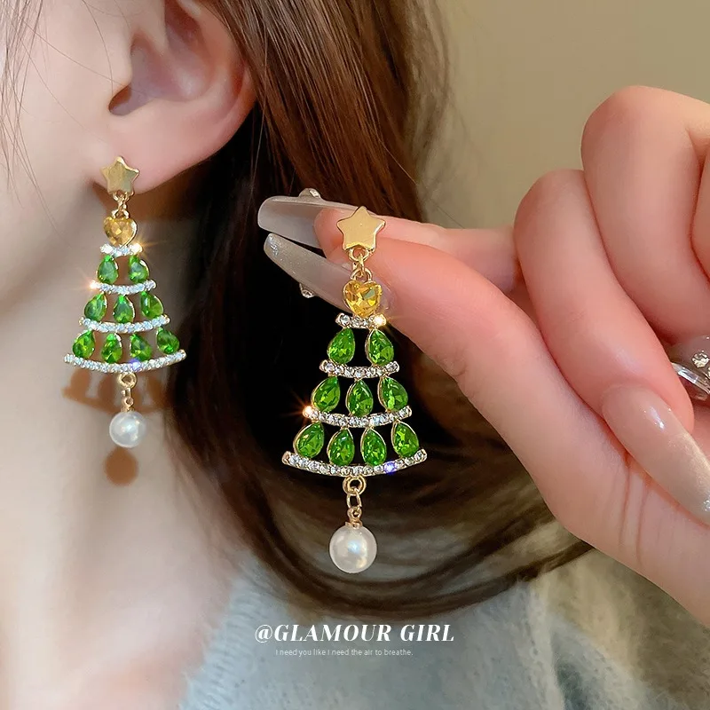 

New Christmas Tree Dangle Earrings for Women Trendy Colorful Stars Xmas Tree Rhinestone Drop Earring Girls New Year Jewelry