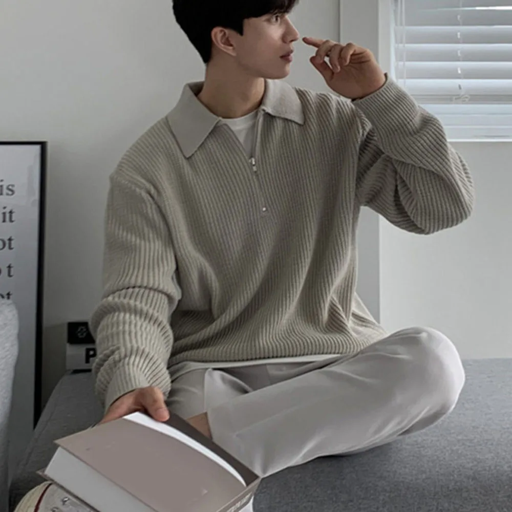 

Мужской вязаный пуловер, однотонный Повседневный свитер на молнии с длинным рукавом, в Корейском стиле, Осень-зима 2023