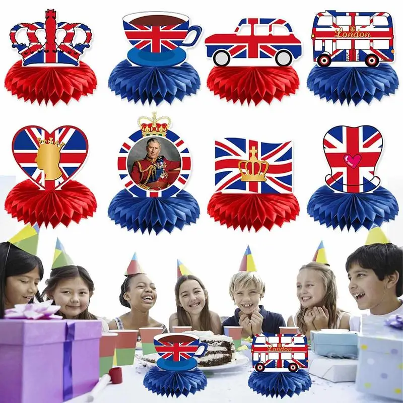 

8Pcs King Charles III Coronation Souvenirs Paper Flower King Charles III Coronation Celebration Honeycomb Durable Ornament