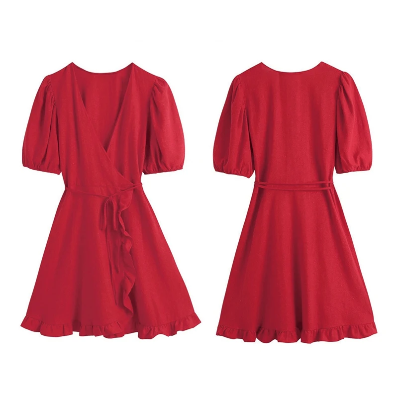 

Women Fashion Cross V Neck Ruffle Dress Femme Chic Sweet Pleated Puff Sleeve Casual Lace Up Mini