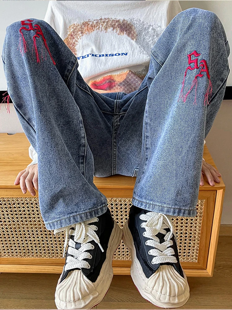 American Trend Vibe Style High Street Letter Embroidery Letter Straight Jeans Men's Street Wide-leg Trousers Luxury Men Clothing
