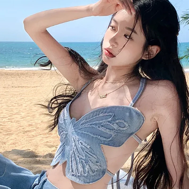 Женский укороченный топ с бабочками голубой Пляжный открытой спиной на бретелях