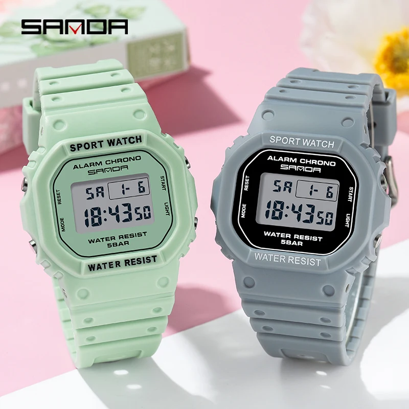 SANDA Womens Watches Outdoor Sports Watch Matcha Green Strap HD LED Digital Display Electronic Watch 50M Waterproof Reloj 293 enlarge