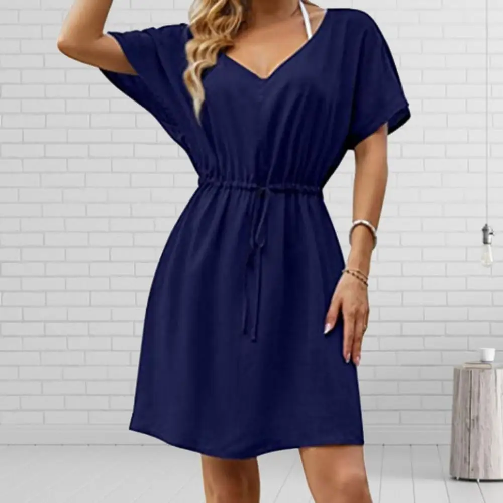 

Summer Women Dress Elegant Breathable Polyester Fiber Solid Color V Neck Waist Tight Slim Fit Elegant Mini Dress For Office