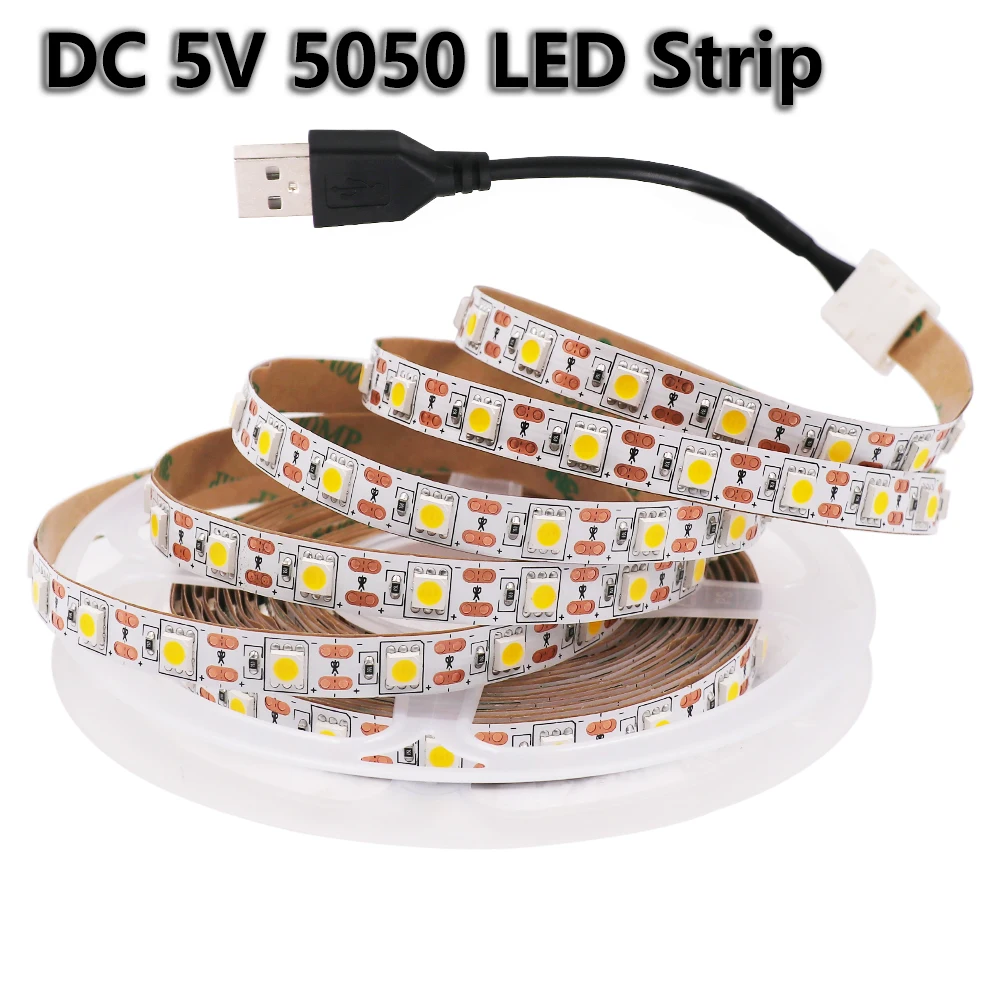 

USB LED Strip Light 5V 5050 60Leds/m Flexible LED Tape TV Background Lighting 50cm 1M 2M 3M 4M 5M Warm White/White Decoration