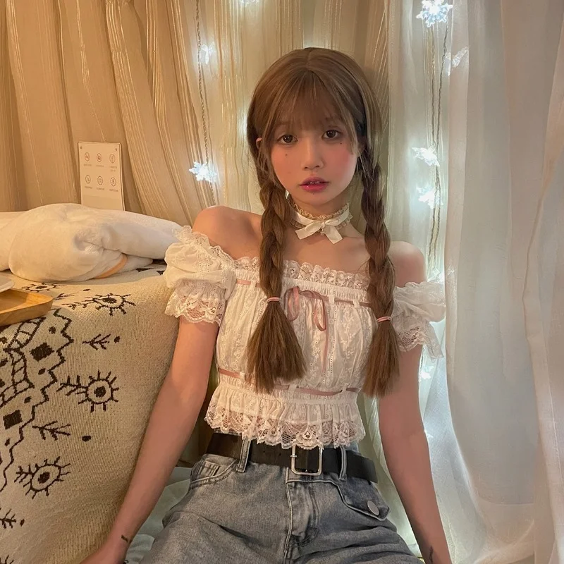 

Женские летние топы с кружевной отделкой, милые короткие топы с пышными рукавами и квадратным вырезом, футболка в стиле сладкой девушки в ст...