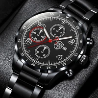 fashion mens black stainless steel watches luxury men business casual leather quartz wrist watch calendar date luminous watch