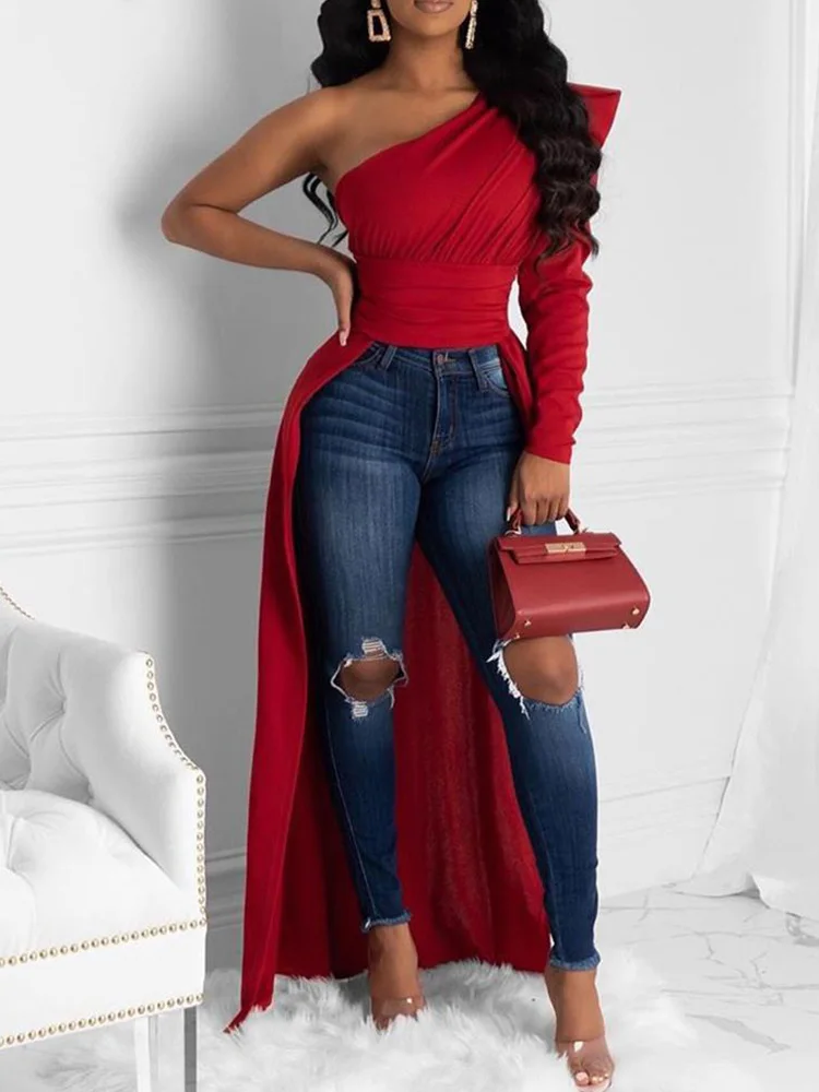 

Solid One Shoulder Dip Hem Blouse Women Long Sleeve Skew Collar Asymmetrical Casual Blouses Tops