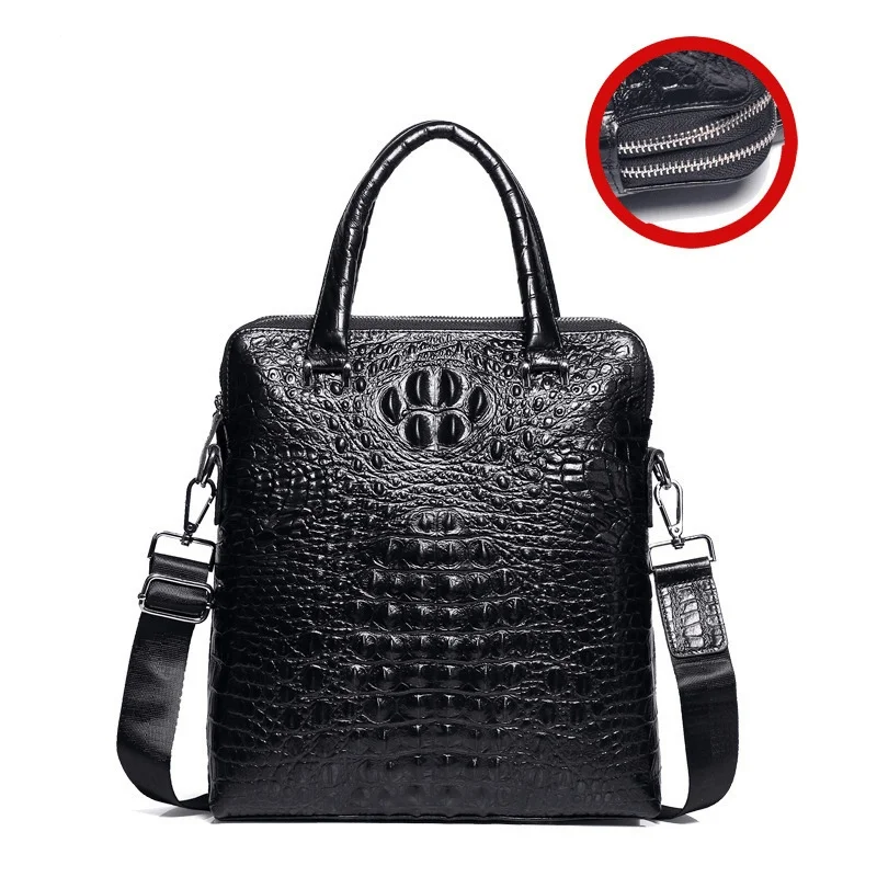 

New Men's handbag head layer cowhide Embossing document business double-layer zipper high-capacity computer Crossbody Bags