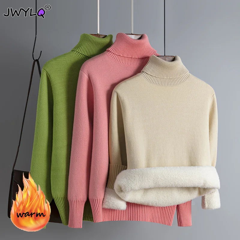 

Winter Women's Turtleneck Thick Knitwear Solid-color Slim Sweater Korean Fashion Women's Fleece Pullovers Mink Cashmere Sweaters