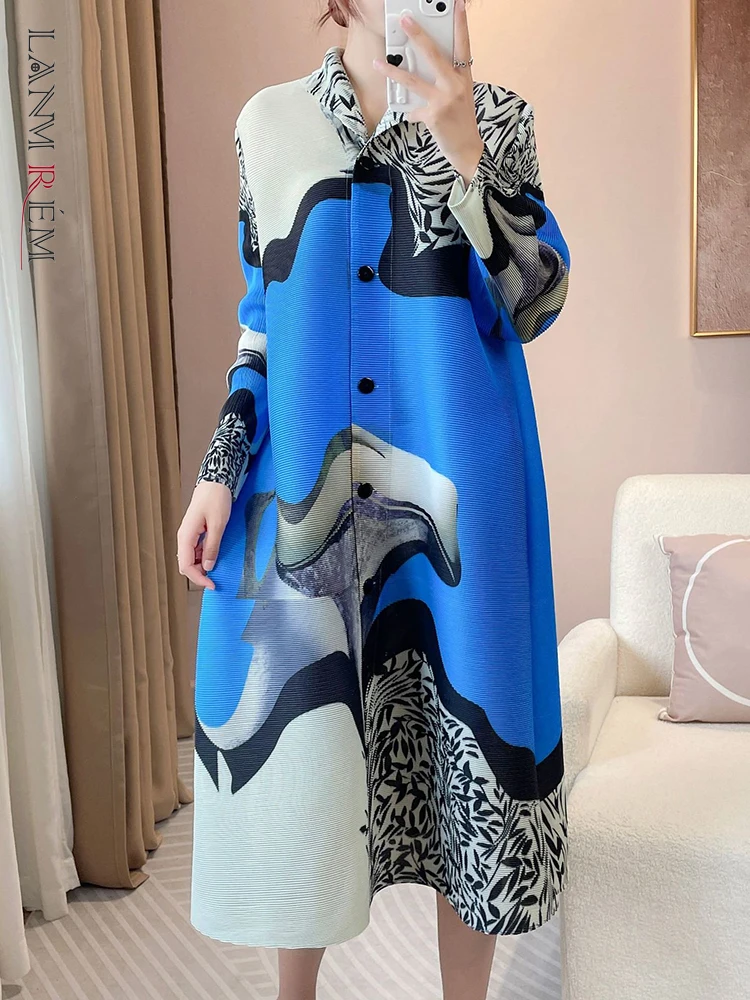 

LANMREM Fashion Printing Pleated Dress Women Lapel Long Sleeves Single Breasted A-line Dresses Party 2023 Autumn New 2AA1623