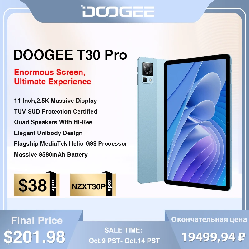 Premiere Mondiale Doogee T30 Pro Tablet Mediatek Helio G99 11 ''2.5K Tauv Certificato 8Gb + 256Gb 8580Mah 20Mp Fotocamera Principale Android 13