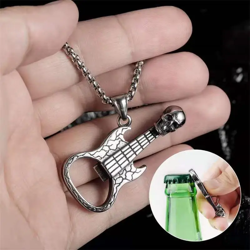 

Personality Retro Skull Guitar Bottle Opener Us Stainless Steel Alloy Pendant Necklace Ornament