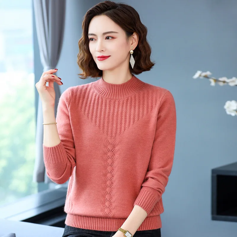 

Knitting Bottoms Shirt Warm Autumn Winter Sweater New Women Half-Turtleneck Twisted Flowers Pullover Sweaters Pull Femme