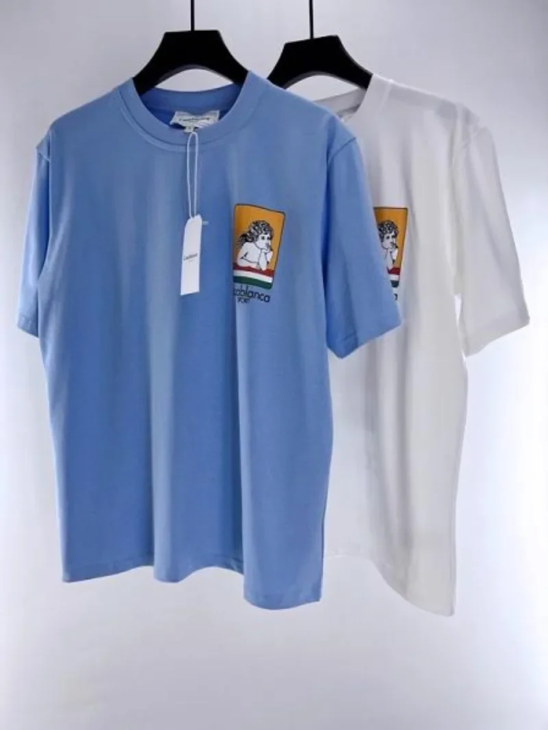 

Футболка с круглым вырезом для мужчин и женщин, тенниска с принтом ангела в стиле Касабланки, высокое качество, цвет белый/синий, 1:1