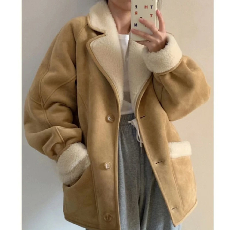 

Женская короткая куртка из овечьей шерсти, модная винтажная утепленная свободная однобортная куртка в стиле Харадзюку, верхняя одежда для дам на зиму