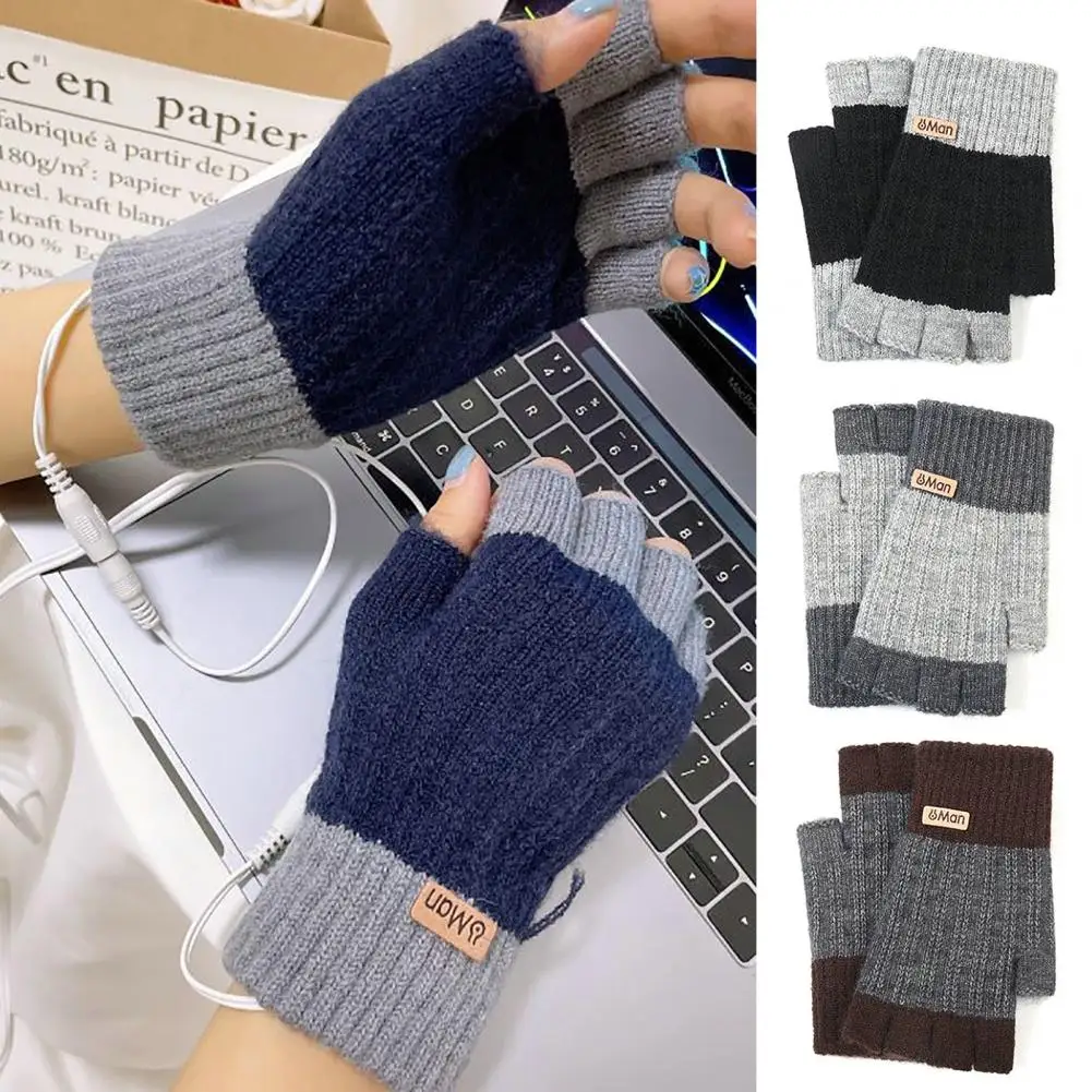 

2Pcs Half Finger Gloves Wool Knitting Low Current Design Elastic Keep Warm Acrylic Blocking Socket Heated Gloves For Outdoor