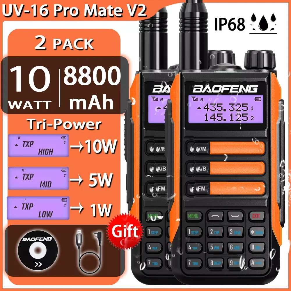 

NEW2023 2Pack UV-16 Pro Mate V2 True High Power 10 Watts Walkie Talkie Long Range 50km Dual Band Two Way Radio CB Hunting UV16