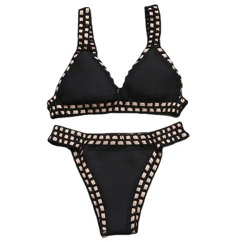 

Вязаный комплект бикини, купальный костюм для плавания, купальник из двух предметов, купальный костюм с заниженной талией, Женский треугольный комплект бикини