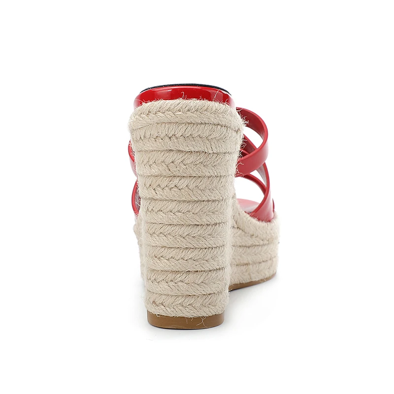 2023 Summer Ultrahigh Heel Women's Slippers Lacquer Leather Hemp Sandals Fashion Open Toe Shoes Outdoor High Heel Slippers34-43