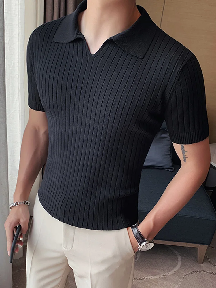 

New Harajuku Solid Slim Knitted Tee Shirt Men Summer Casual V-Neck Polo Shirts Mens Fashion Skinny Short Sleeve Tops Pullover