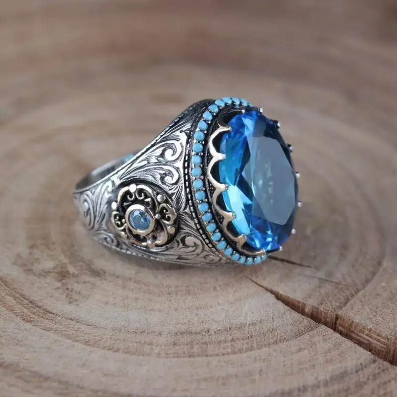 

Men's Classic Ring Vintage Style Jewelry Sea Blue Zircon Rock Ring Birthday Gift
