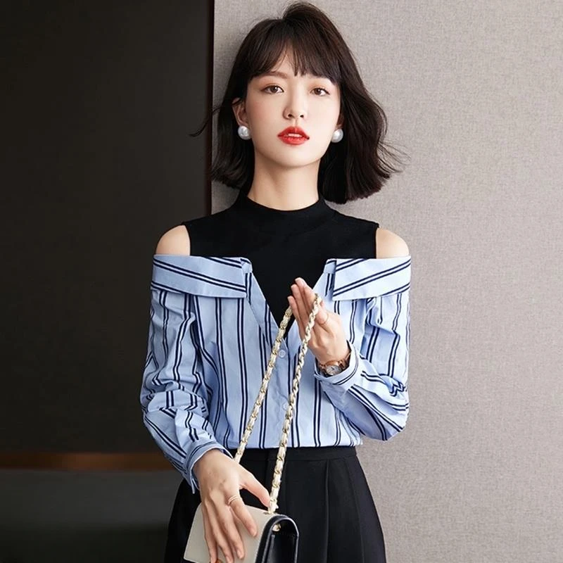 

2023 Striped Tee Loose Tshirt Off Shoulder Blouses Top for Women Novelties Woman T-shirt Old Causal Funny Tall Kpop Clothing Hot