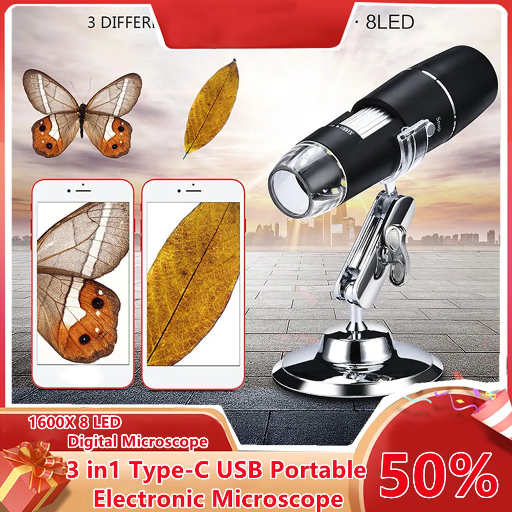 Цифровой микроскоп 1600X 3 в 1 портативный электронный USB-микроскоп Type-C для пайки с 8