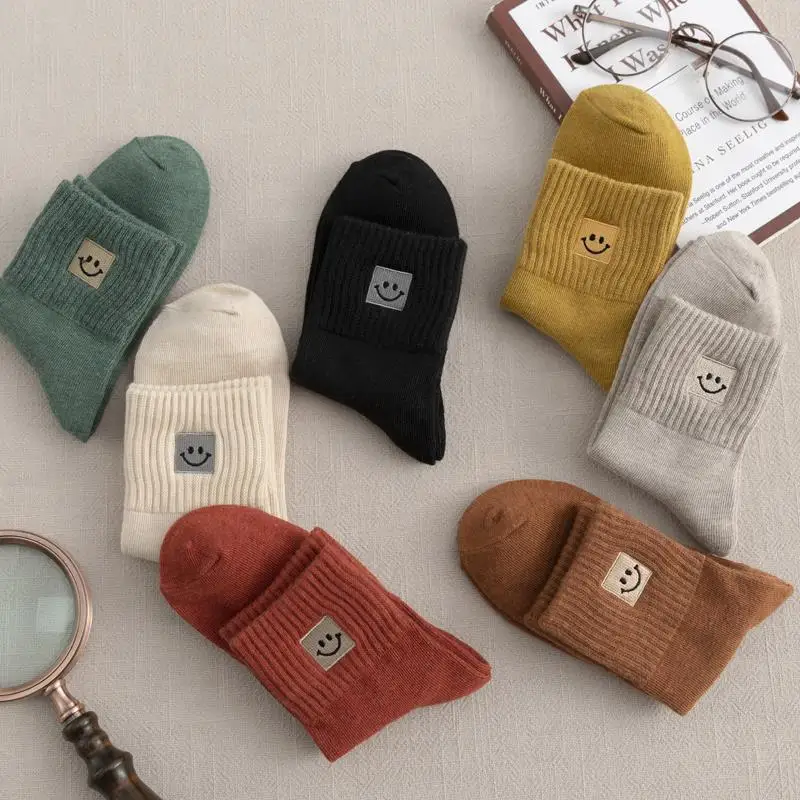 5 Pairs/Lot Women's Cotton Smile Embroidery Socks Cartoon Cute Solid Breathable Socks Happy Harajuku Casual Smile Funny Socks