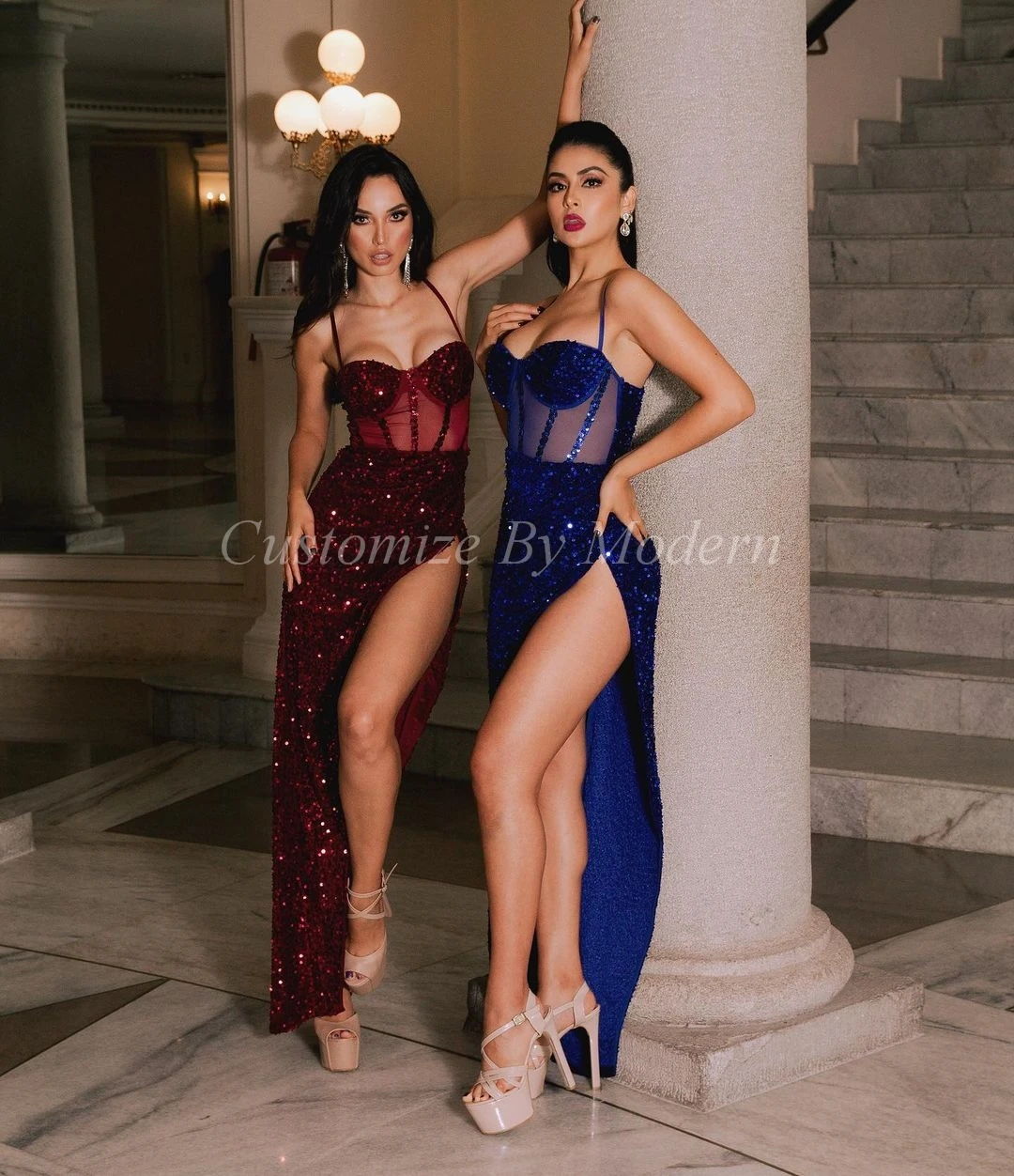 

Mermaid Sequins Long Prom Dresses Sweetheart High Side Split Saudi Arabic Women Evening Gowns Formal Party