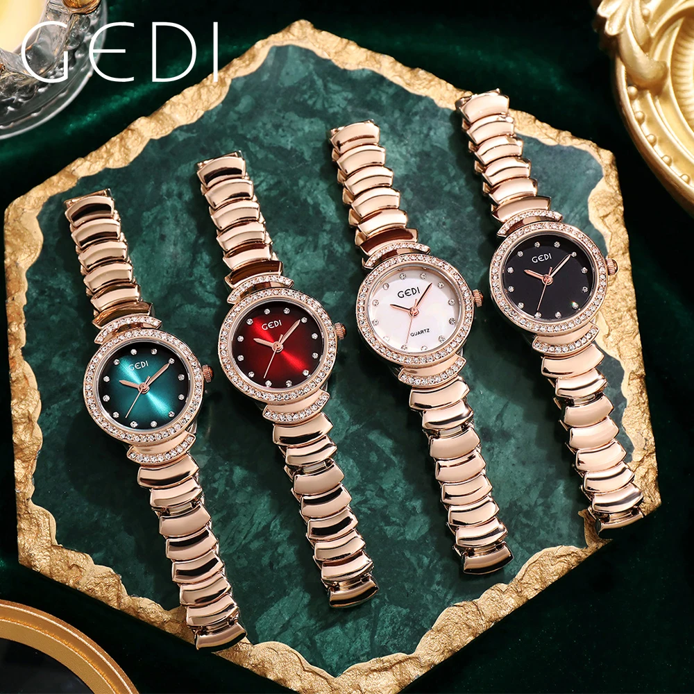 GEDI Waterproof Stainless Steel Women Bracelet Watch Luxury Fashion Full Diamond Small Rose Gold Ladies Quartz Watches Gift 2023