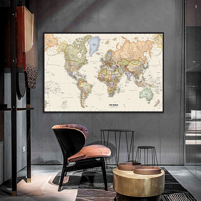 

130*90cm The World Political Map Retro Non-woven Canvas Painting Wall Art Poster Living Room Home Decoration School Supplies