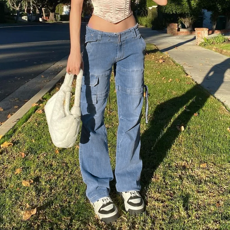 

Y2k Street Retro Fashion Jeans Women Midi-waist Sexy Belt Drawstring Casual Straight Pants Women 2021 Patchwork Style Streetwear
