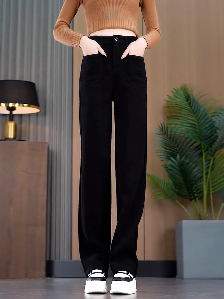 Плюс размеры вельветовые прямые брюки из синели на флисовой подкладке женские