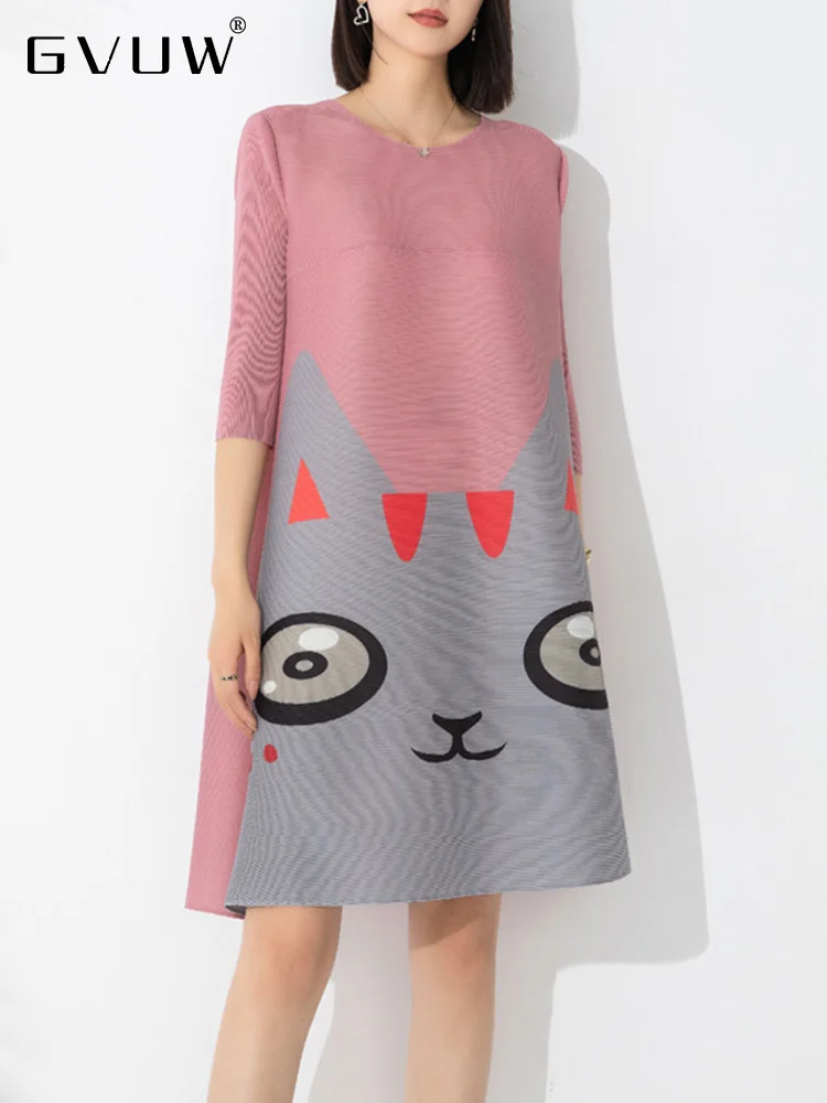 

GVUW Fashion Loose Print Pleated Dress For Women 2023 Autumn New Round Neck Three Quarter Sleeve Female Elegant Clothing 17G2048