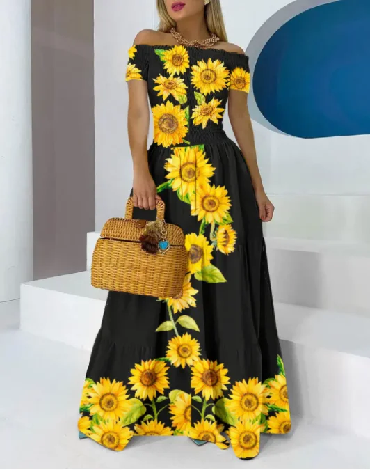 

Sexy Off Shoulder Print Shirred Sunflower Midi Dresses 2022 Summer Fashion New Short Sleeve Maxi Dress Women